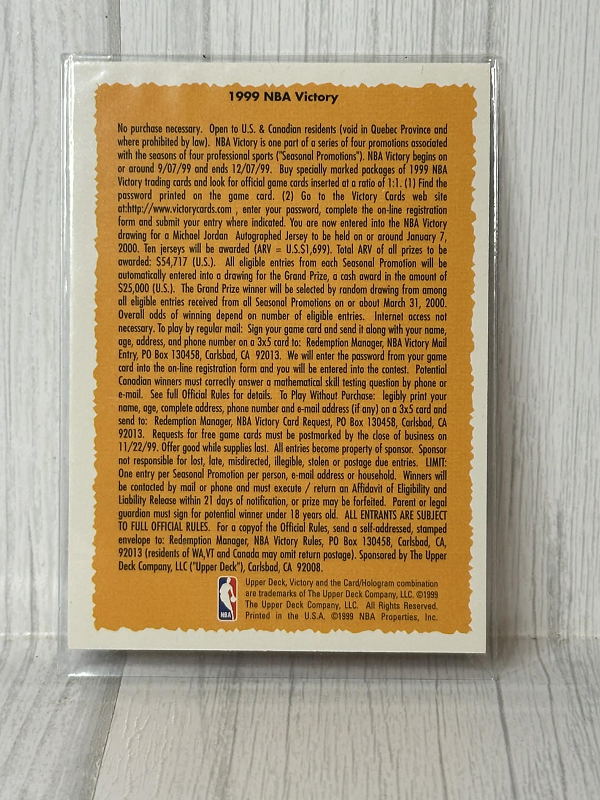 1999 NBA Victory Michael Jordan Autographed Jersey Redemption Insert – Upper Deck